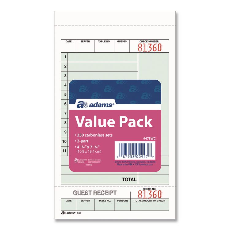 Multi-Part Guest Check Unit Sets, Two-Part Carbonless, 4.25 x 6.75, 250 Forms Total
