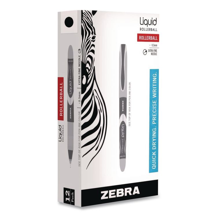 Liquid Ink Rollerball Pen, Stick, Extra-Fine 0.5 mm, Black Ink, Black/Silver Barrel, 12/Pack