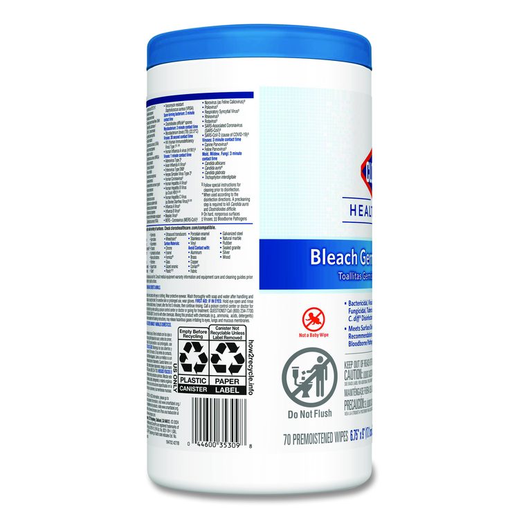 Bleach Germicidal Wipes, 1-Ply, 6.75 x 9, Unscented, White, 70/Canister, 6 Canisters/Carton