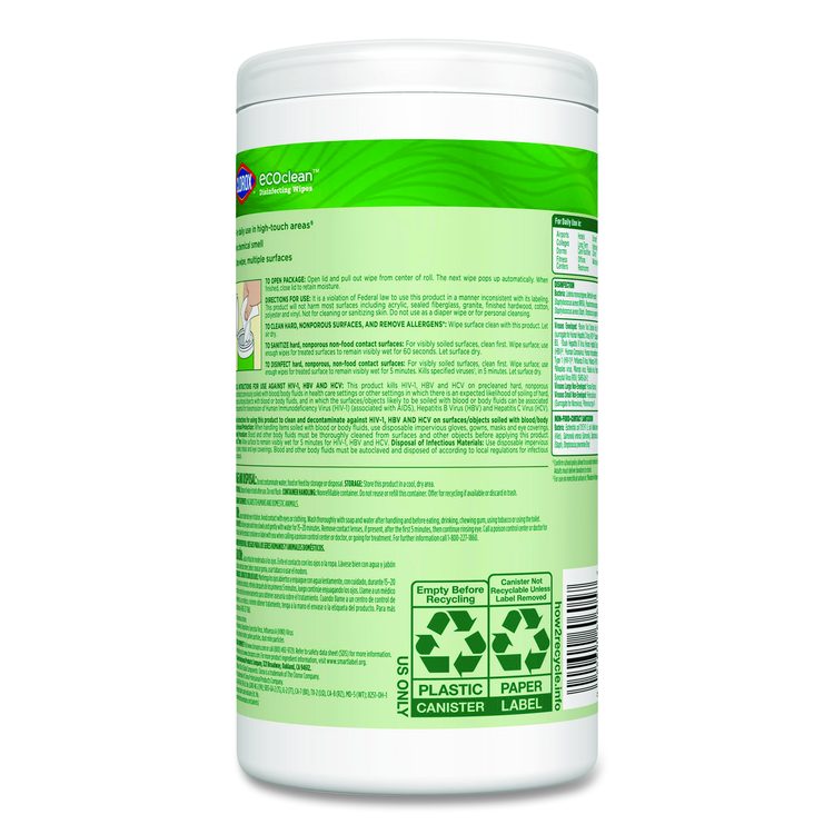 CloroxPro EcoClean Disinfecting Wipes, 1-Ply, 8 x 7, Unscented, White, 75 Count, 6/Carton