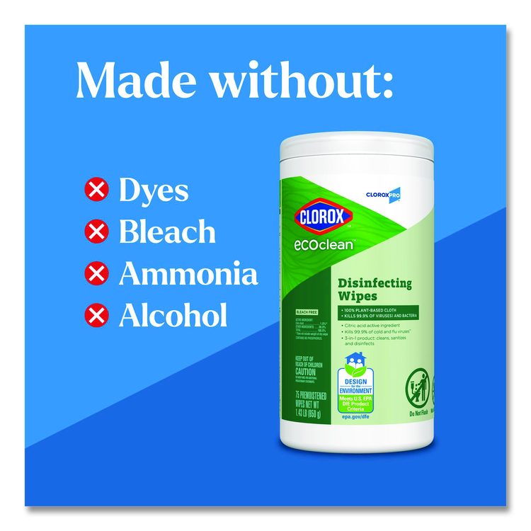 CloroxPro EcoClean Disinfecting Wipes, 1-Ply, 8 x 7, Unscented, White, 75 Count, 6/Carton