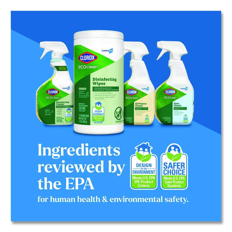 CloroxPro EcoClean Disinfecting Wipes, 1-Ply, 8 x 7, Unscented, White, 75 Count, 6/Carton