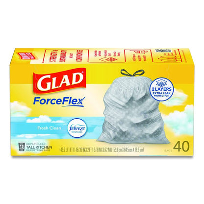 ForceFlex Kitchen Drawstring Trash Bags, 13 gal, Gain Fresh Clean Scent, 24 x 27.38, White, 40 Bags/Box, 6 Boxes/Carton