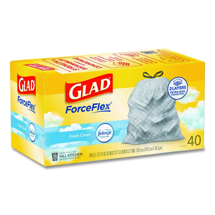 ForceFlex Kitchen Drawstring Trash Bags, 13 gal, Gain Fresh Clean Scent, 24 x 27.38, White, 40 Bags/Box, 6 Boxes/Carton