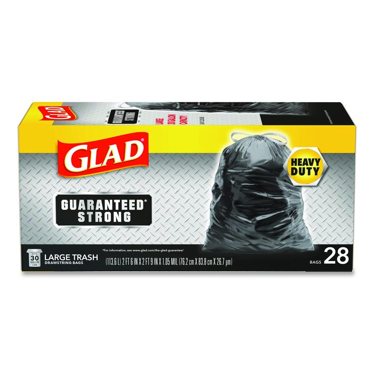 Guaranteed Strong Large Drawstring Trash Bags, Three-Ply, 30 gal, 1.05 mil, 30 x 33, Black, 28 Bags/Box, 6 Boxes/Carton