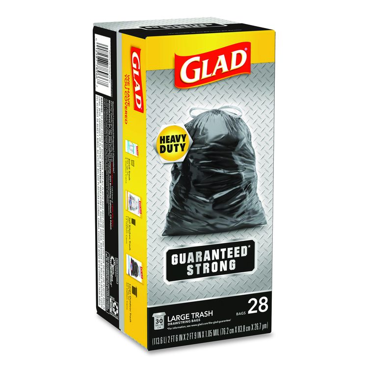 Guaranteed Strong Large Drawstring Trash Bags, Three-Ply, 30 gal, 1.05 mil, 30 x 33, Black, 28 Bags/Box, 6 Boxes/Carton