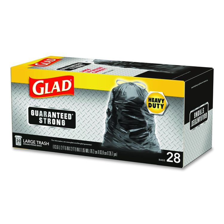 Guaranteed Strong Large Drawstring Trash Bags, Three-Ply, 30 gal, 1.05 mil, 30 x 33, Black, 28 Bags/Box, 6 Boxes/Carton