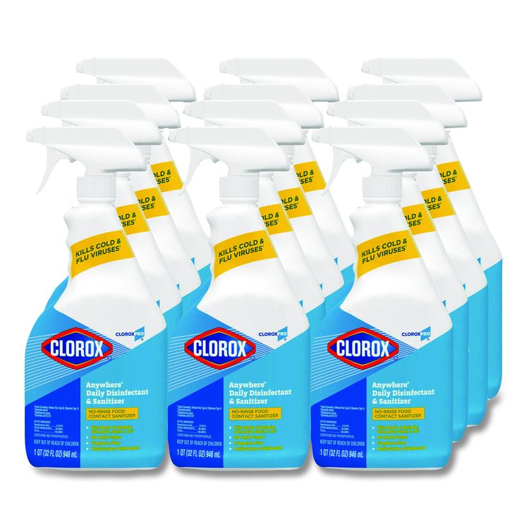 CloroxPro Anywhere Daily Disinfectant and Sanitizer, Unscented, 32 oz Spray Bottle, 12/Carton