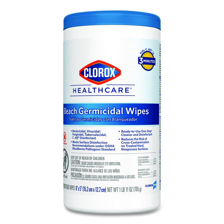 Bleach Germicidal Wipes, 1-Ply, 6 x 5, Unscented, White, 150/Canister, 6 Canisters/Carton