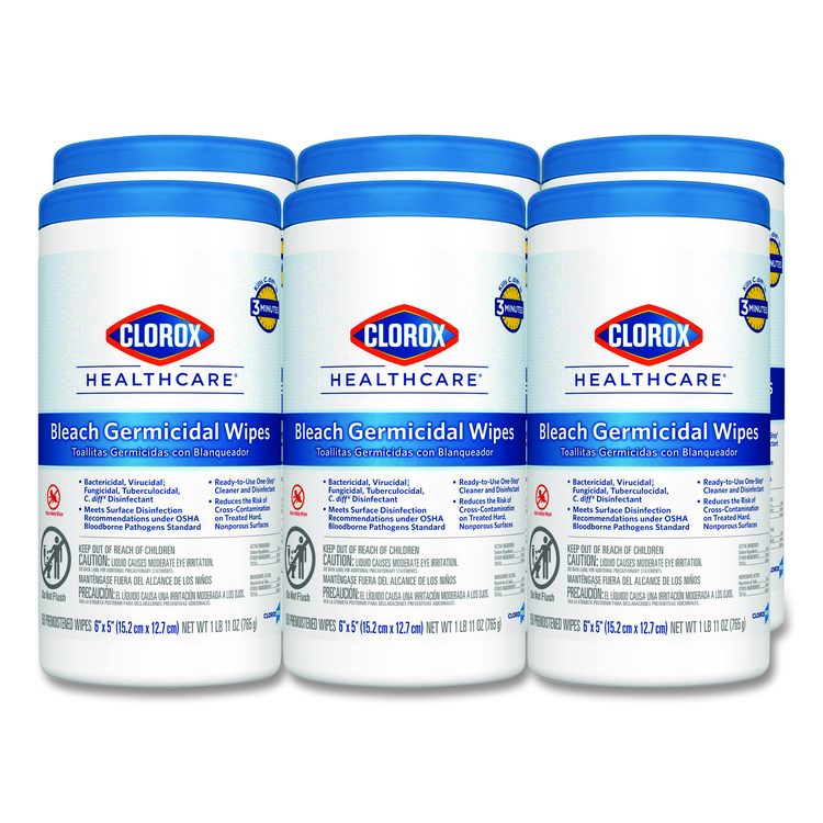 Bleach Germicidal Wipes, 1-Ply, 6 x 5, Unscented, White, 150/Canister, 6 Canisters/Carton