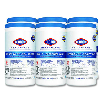 Bleach Germicidal Wipes, 1-Ply, 6 x 5, Unscented, White, 150/Canister, 6 Canisters/Carton