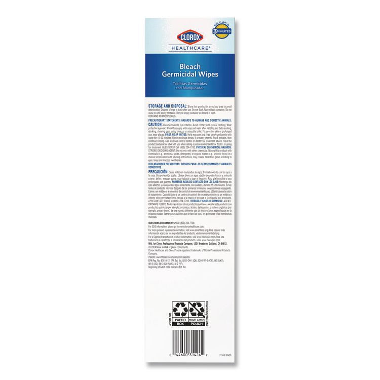 Bleach Germicidal Wipes, Individual Wipes, 1-Ply, 6.75 x 9, Unscented, White, 50/Box, 6 Boxes/Carton