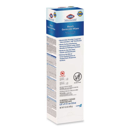 Bleach Germicidal Wipes, Individual Wipes, 1-Ply, 6.75 x 9, Unscented, White, 50/Box, 6 Boxes/Carton