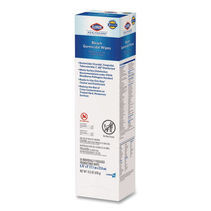 Bleach Germicidal Wipes, Individual Wipes, 1-Ply, 6.75 x 9, Unscented, White, 50/Box, 6 Boxes/Carton