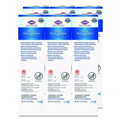 Bleach Germicidal Wipes, Individual Wipes, 1-Ply, 6.75 x 9, Unscented, White, 50/Box, 6 Boxes/Carton