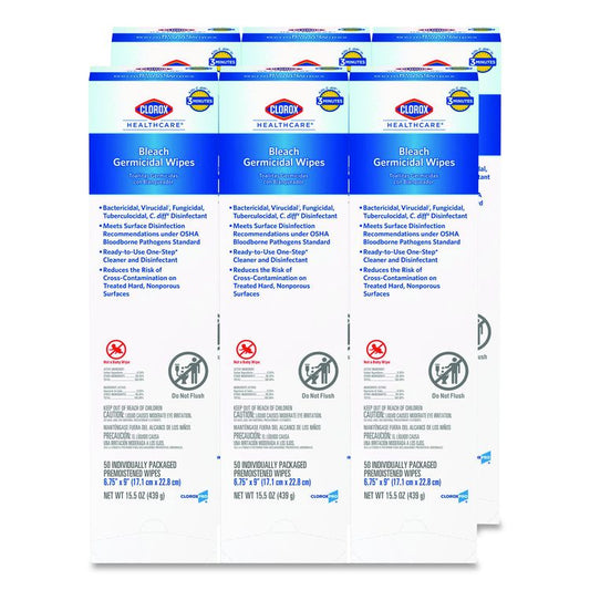 Bleach Germicidal Wipes, Individual Wipes, 1-Ply, 6.75 x 9, Unscented, White, 50/Box, 6 Boxes/Carton
