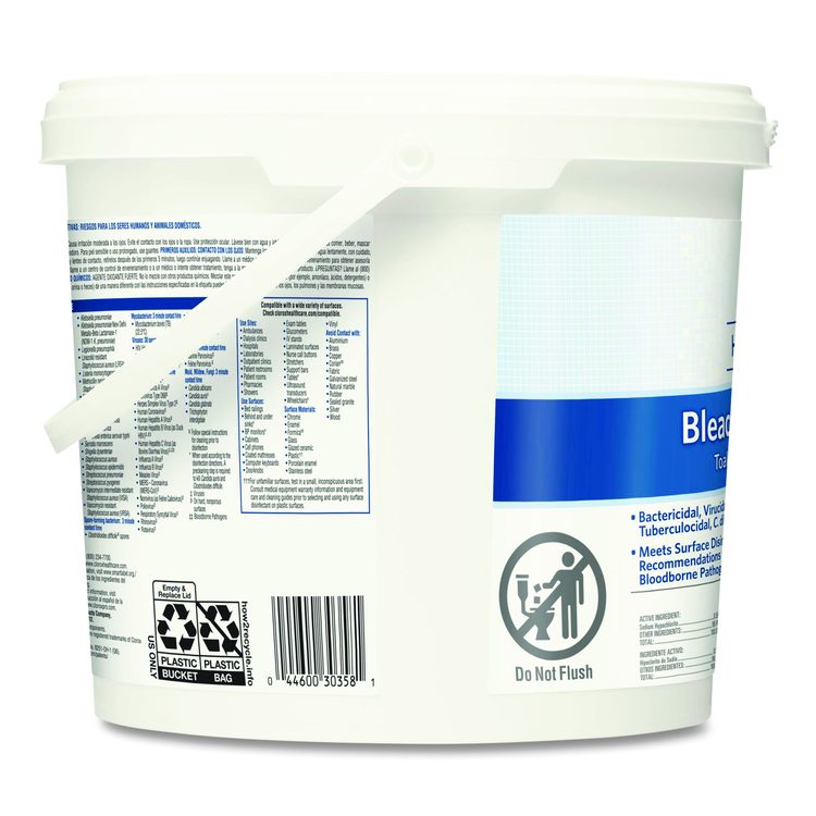 Bleach Germicidal Wipes, 1-Ply, 12 x 12, Unscented, White, 110/Bucket