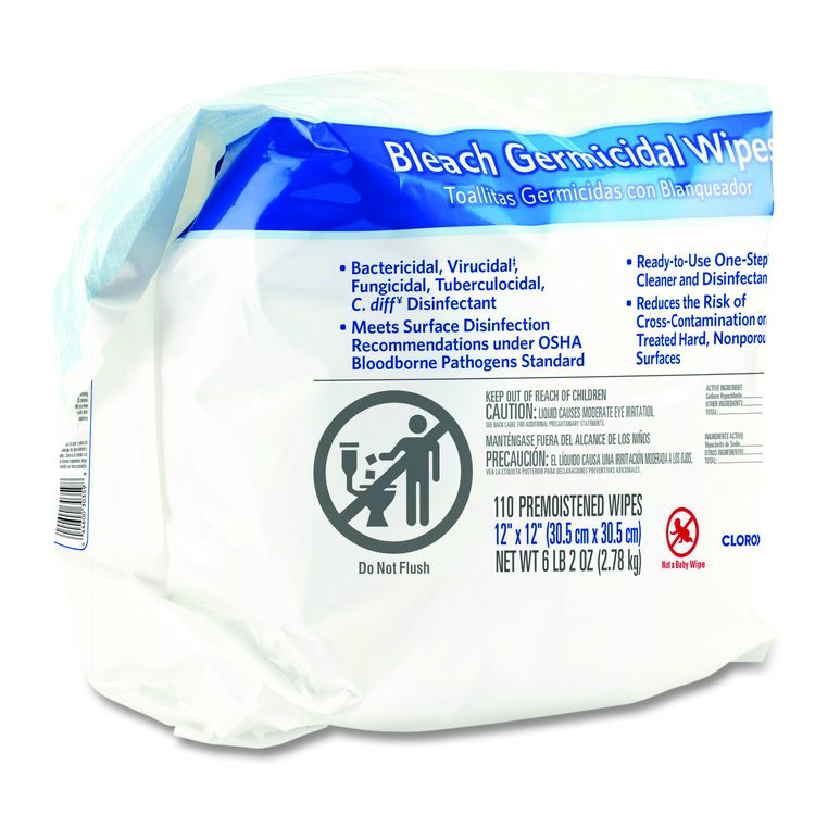 Bleach Germicidal Wipes, Refill for Bucket, 1-Ply, 12 x 12, Unscented, White, 110/Pouch
