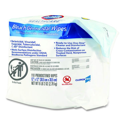 Bleach Germicidal Wipes, Refill for Bucket, 1-Ply, 12 x 12, Unscented, White, 110/Pouch