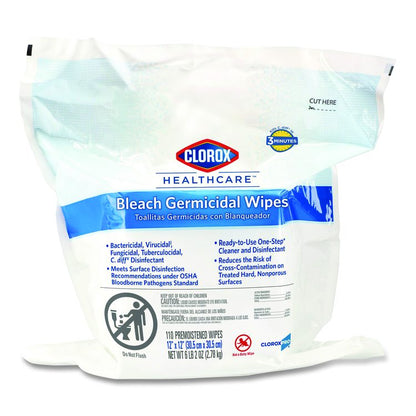 Bleach Germicidal Wipes, Refill for Bucket, 1-Ply, 12 x 12, Unscented, White, 110/Pouch