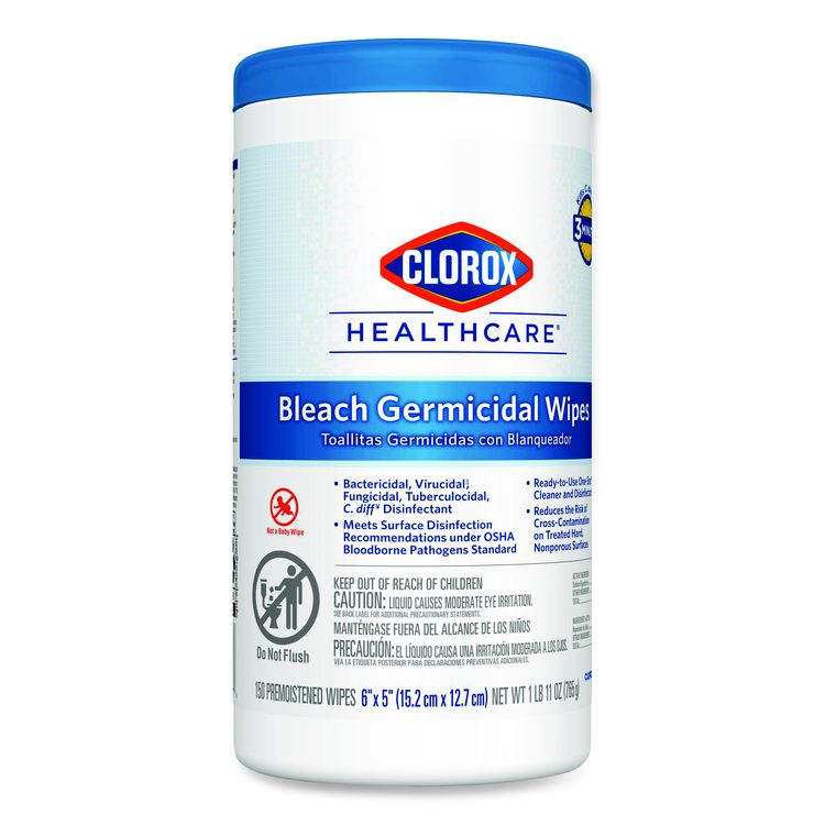 Bleach Germicidal Wipes, 1-Ply, 6 x 5, Unscented, White, 150/Canister