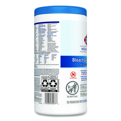 Bleach Germicidal Wipes, 1-Ply, 6 x 5, Unscented, White, 150/Canister