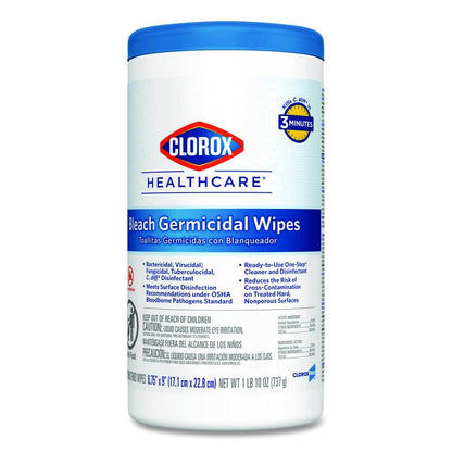 Bleach Germicidal Wipes, 1-Ply, 6.75 x 9, Unscented, White, 70/Canister