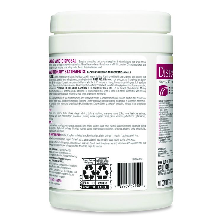 Dispatch Hospital Cleaner Disinfectant Towels with Bleach, 1-Ply, 6.75 x 8, Unscented, White, 150/Canister