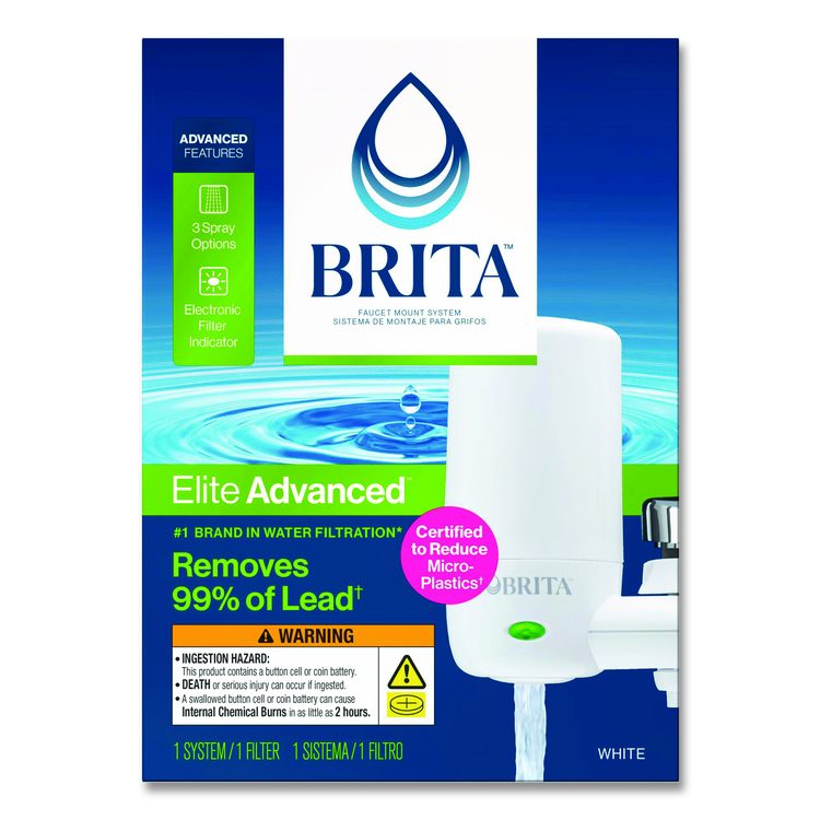 Water Faucet Mount Filtration System with 1 Elite Advanced Replacement Filter, White, 4/Carton