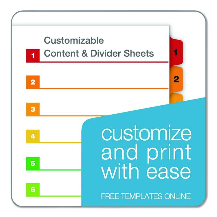 OneStep Printable Table of Contents and Dividers, 10-Tab, 1 to 10, 11 x 8.5, White, Assorted Tabs, 1 Set