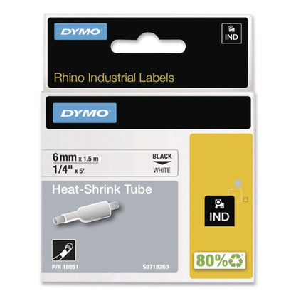 Rhino Heat Shrink Tubes Industrial Label Tape, 0.25" x 5 ft, White/Black Print