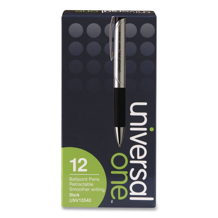 Comfort Grip Ballpoint Pen, Retractable, Medium 1 mm, Black Ink, Silver/Black Barrel, Dozen
