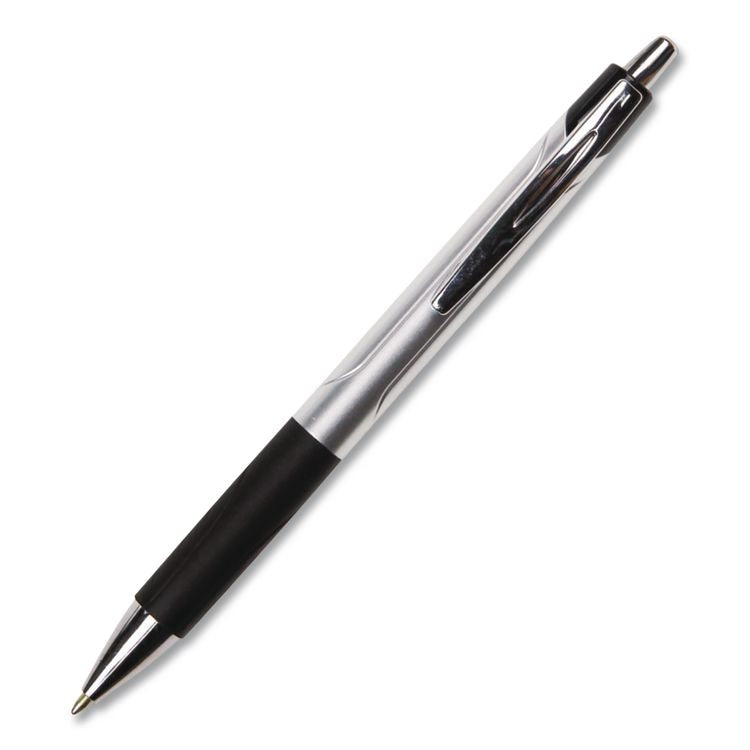 Comfort Grip Ballpoint Pen, Retractable, Medium 1 mm, Black Ink, Silver/Black Barrel, Dozen