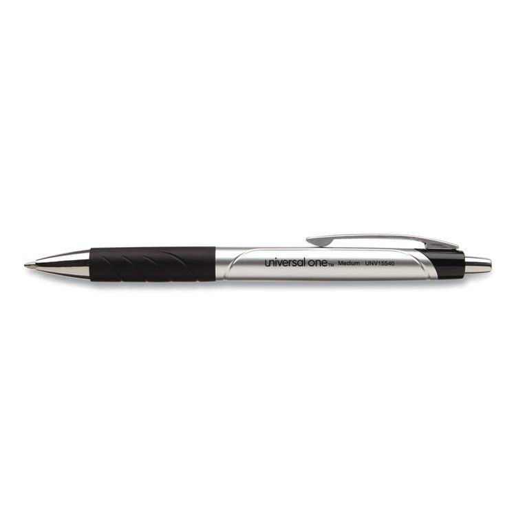 Comfort Grip Ballpoint Pen, Retractable, Medium 1 mm, Black Ink, Silver/Black Barrel, Dozen