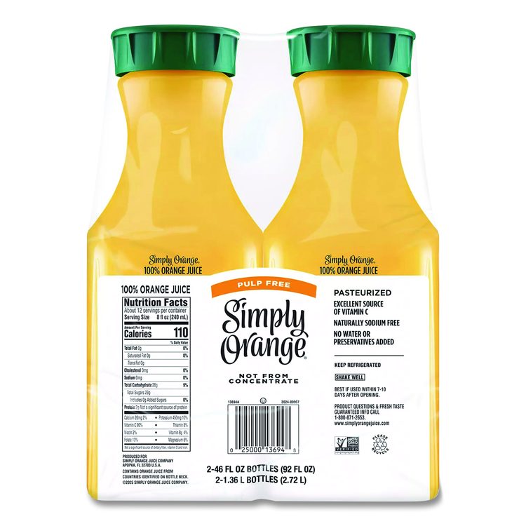 Orange Juice Pulp Free, 52 oz Bottle, 2/Pack