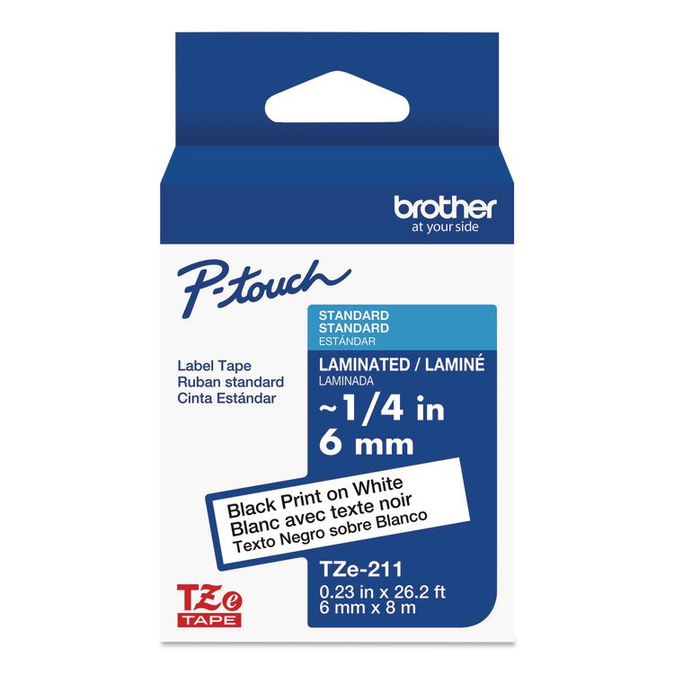 TZe Standard Adhesive Laminated Labeling Tape, 0.23" x 26.2 ft, Black on White