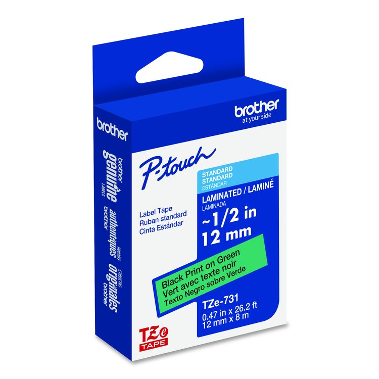 TZe Laminated Removable Label Tapes, 0.47" x 26.2 ft, Black on Green