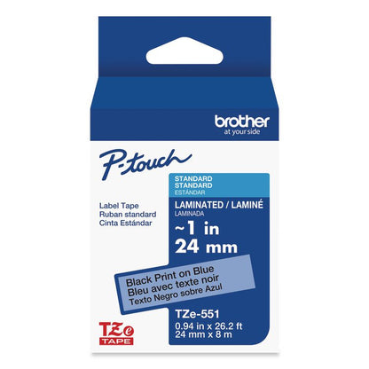 TZe Laminated Removable Label Tapes, 0.94" x 26.2 ft, Black on Blue