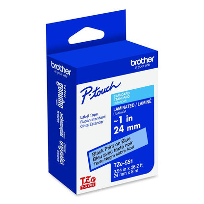 TZe Laminated Removable Label Tapes, 0.94" x 26.2 ft, Black on Blue
