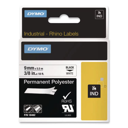 Rhino Permanent Poly Industrial Label Tape, 0.37" x 18 ft, White/Black Print