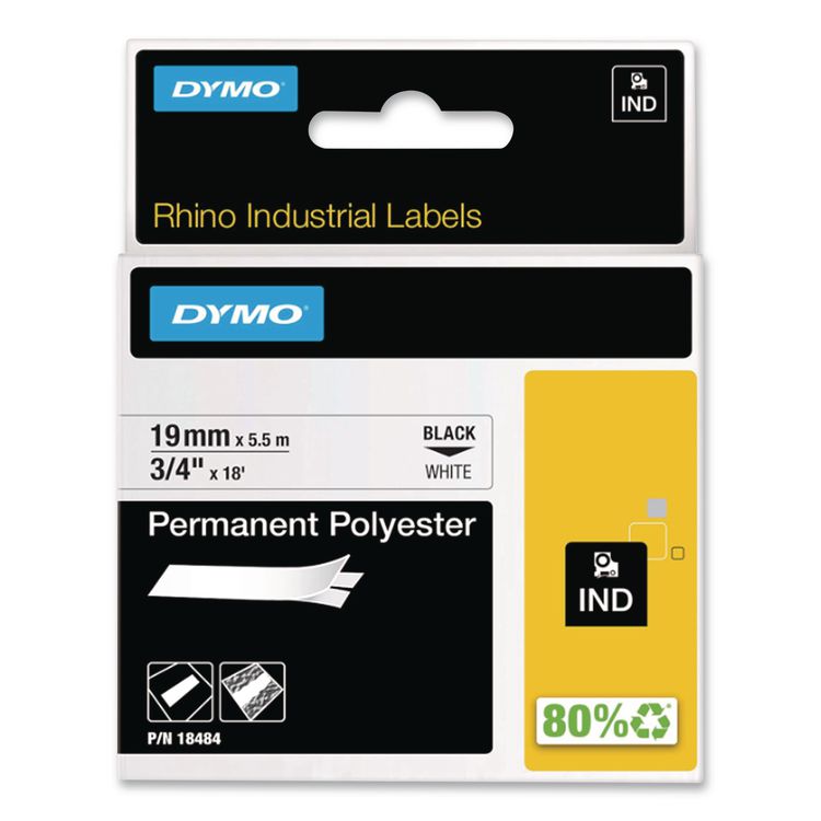 Rhino Permanent Poly Industrial Label Tape, 0.75" x 18 ft, White/Black Print