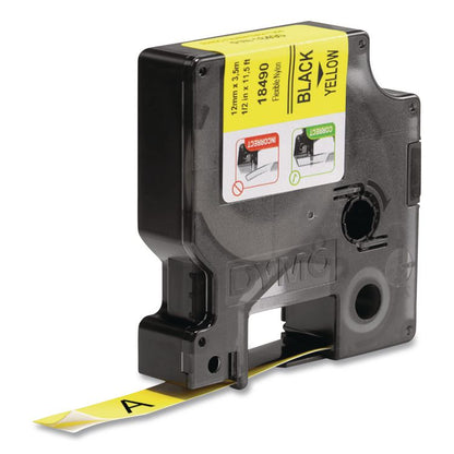 Rhino Flexible Nylon Industrial Label Tape, 0.5" x 11.5 ft, Yellow/Black Print