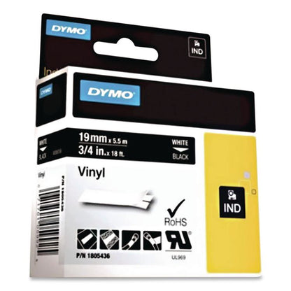Rhino Permanent Vinyl Industrial Label Tape, 0.75" x 18 ft, Black/White Print