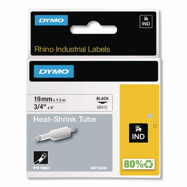 Rhino Heat Shrink Tubes Industrial Label Tape, 0.75" x 5 ft, White/Black Print