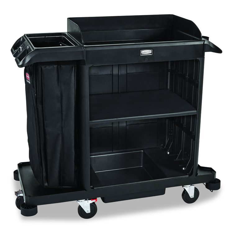 Compact Housekeeping Cart, Plastic, 3 Shelves 1 Bin, 23 x 53.12 x 19.1, Black