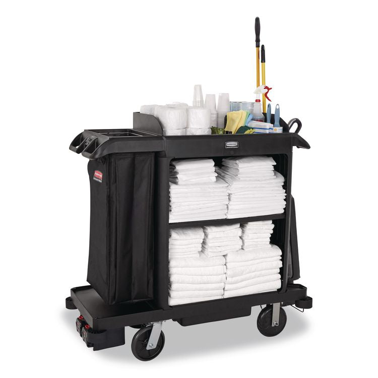 Compact Housekeeping Cart, Plastic, 3 Shelves 1 Bin, 23 x 53.12 x 19.1, Black