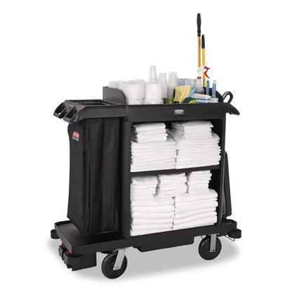 Compact Housekeeping Cart, Plastic, 3 Shelves 1 Bin, 23 x 53.12 x 19.1, Black