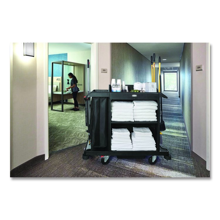 Compact Housekeeping Cart, Plastic, 3 Shelves 1 Bin, 23 x 53.12 x 19.1, Black
