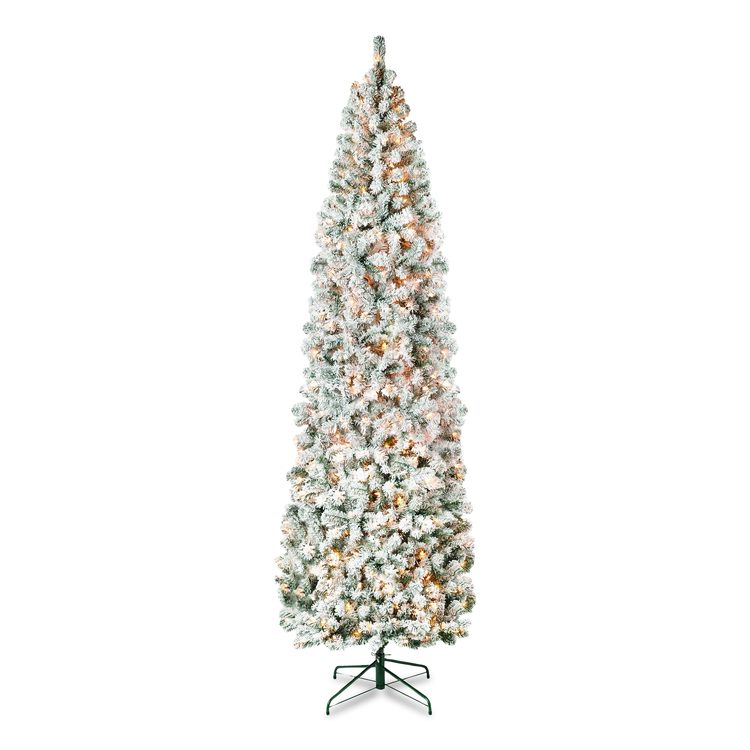 Pre-Lit Acacia Flocked Slim Tree, 35" x 35" x 108", Green Tree, Green Tree Stand