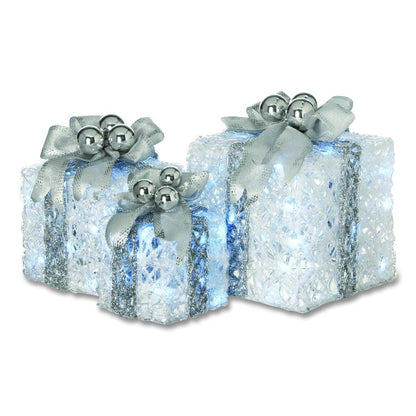 Pre-Lit Decorated White Gift Box Assortment, AC Powered, Cool White LED Lights, 8", 10", 12", White